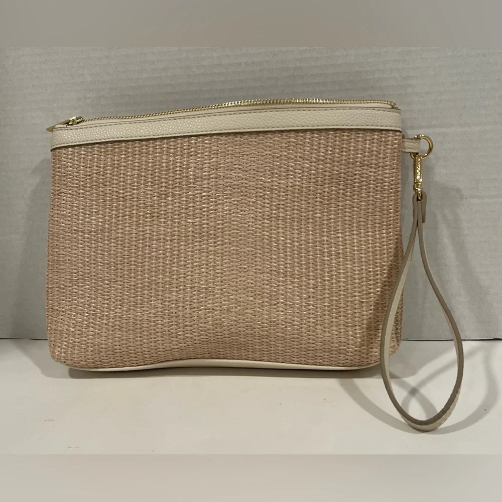 NWOT Nanette Lepore Beige and Cream Hand-Woven Straw Wristlet Clutch
